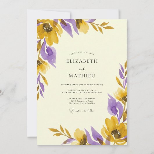 Rustic Gele Violet Geschilderde Trouw Kaart (Voorkant)