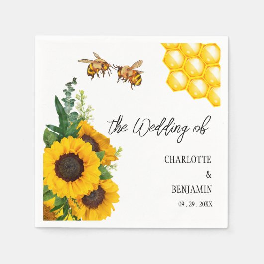 Rustic Gele Zonnebloem & Bijen Bruiloft Servet (Voorkant)