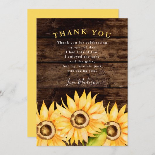 Rustic gele zonnebloem verjaardagsfeestje bedankkaart (Voorkant / Achterkant)