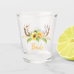 Rustic gele zonnebloemen, groen, bruidsherten shot glas
