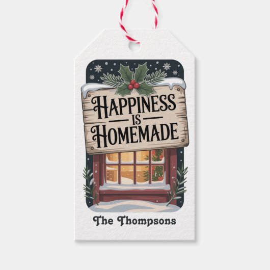 Rustic "Geluk is Thuisgemaakt" Kerstmis Cadeaulabel (Voorkant)