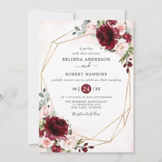 Rustic Geometric Burgundy Blush Floral Wedding Kaart (Voorkant)