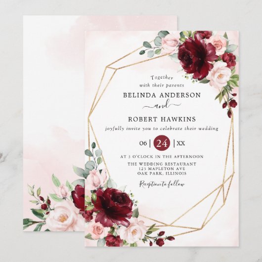 Rustic Geometric Burgundy Blush Floral Wedding Kaart (Voorkant / Achterkant)