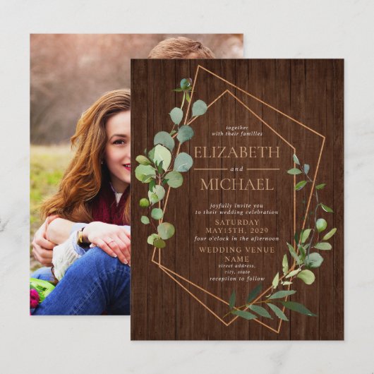 Rustic Geometric Eucalyptus Wood Foto bruiloft Aankondigingskaart (Voorkant / Achterkant)