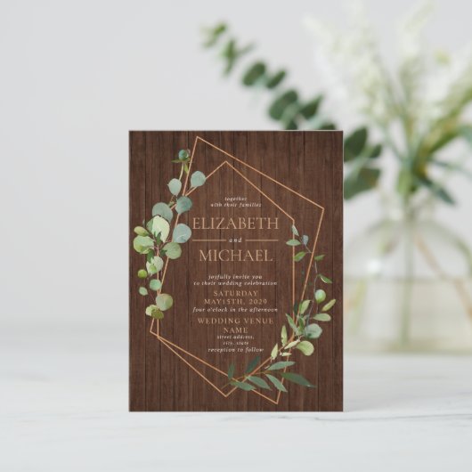 Rustic Geometric Eucalyptus Wood Foto bruiloft Aankondigingskaart (Staand voorkant)