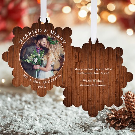 Rustic Getrouwd en Vrolijk Huwelijk Foto Ornament Kaart