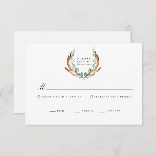 Rustic Geweien & Groene Watercolor RSVP Kaart (Voorkant / Achterkant)