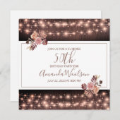 Rustic Ggloed String Lights Floral Birthday Party Kaart (Voorkant / Achterkant)