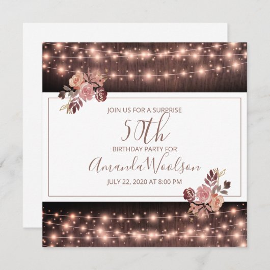 Rustic Ggloed String Lights Floral Birthday Party Kaart (Voorkant / Achterkant)