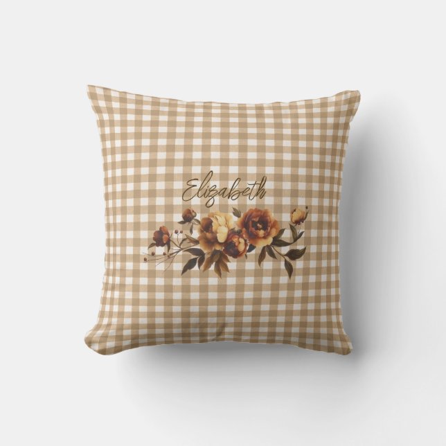Rustic Gingham Autumn Floral Personalized  Kussen (Voorkant)