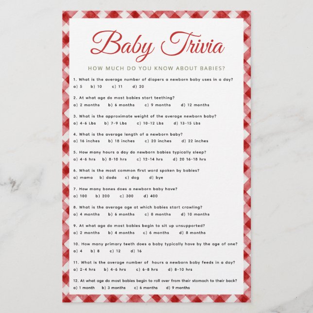 Rustic Gingham Baby shower Trivia Game (Voorkant)