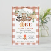 Rustic Gingham One Happy Camper Eerste Verjaardag Kaart (Staand voorkant)