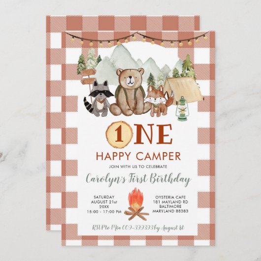 Rustic Gingham One Happy Camper Eerste Verjaardag Kaart (Voorkant / Achterkant)