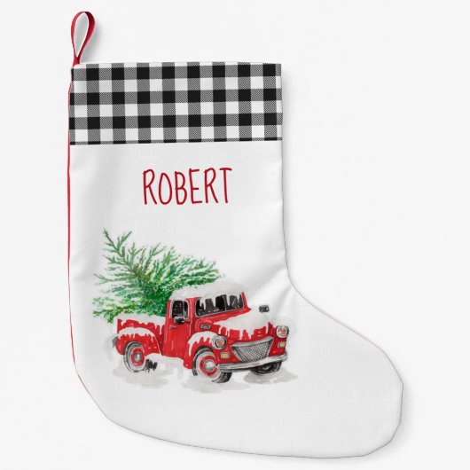 Rustic Gingham Plaid Red Truck Kleine Kerstsok (Voorkant)