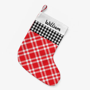 Rustic Gingham Play Black & Red, aangepaste naam Kleine Kerstsok