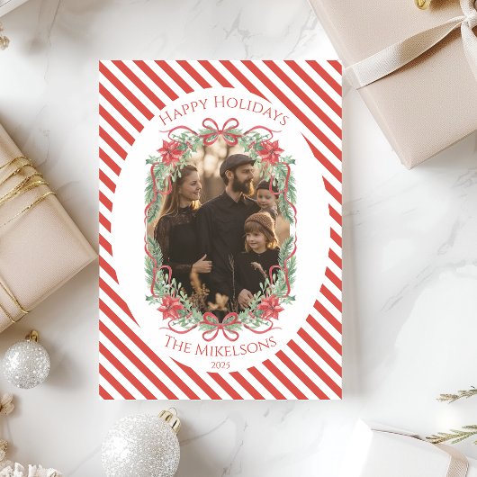 Rustic Gingham Poinsettia Photo Christmas Feestdagenkaart