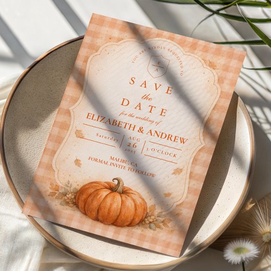 Rustic Gingham Pompoen Herfst Bruiloft Save The Date