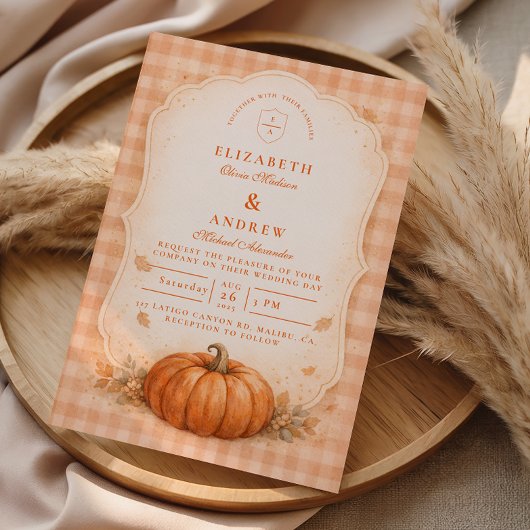 Rustic Gingham Pumpkin Fall Wedding Kaart