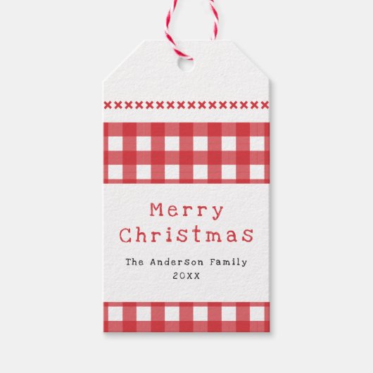 Rustic Gingham Rood Wit Prettig Kerstfeest Cadeaulabel (Voorkant)