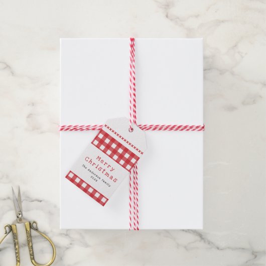 Rustic Gingham Rood Wit Prettig Kerstfeest Cadeaulabel (Met Touw)