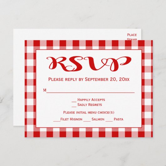 Rustic Gingham RSVP bruiloft rood en wit cheques Uitnodiging Briefkaart (Voorkant / Achterkant)