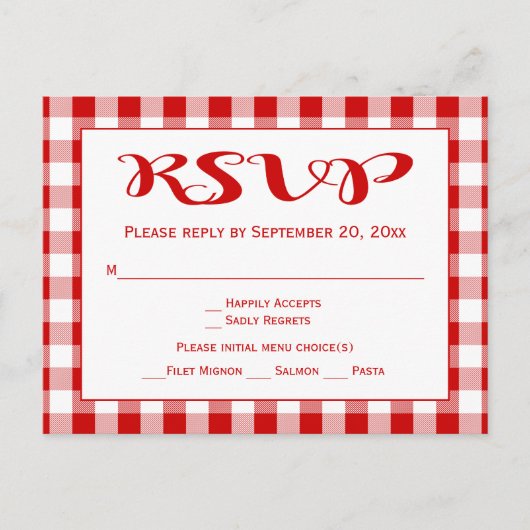 Rustic Gingham RSVP bruiloft rood en wit cheques Uitnodiging Briefkaart (Voorkant)
