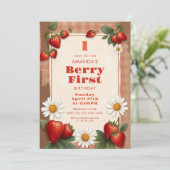 Rustic Gingham Strawberries Daisie 1e verjaardag Kaart (Staand voorkant)