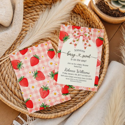 Rustic Gingham Strawberry Berry Sweet Baby Shower Kaart