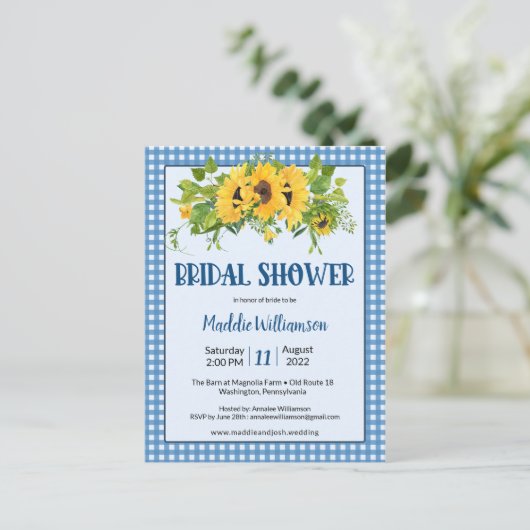 Rustic Gingham Sunflower Bridal Shower Briefkaart (Staand voorkant)
