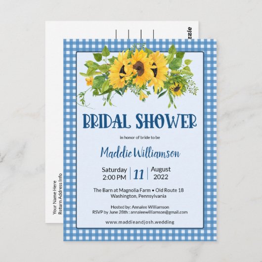 Rustic Gingham Sunflower Bridal Shower Briefkaart (Voorkant / Achterkant)