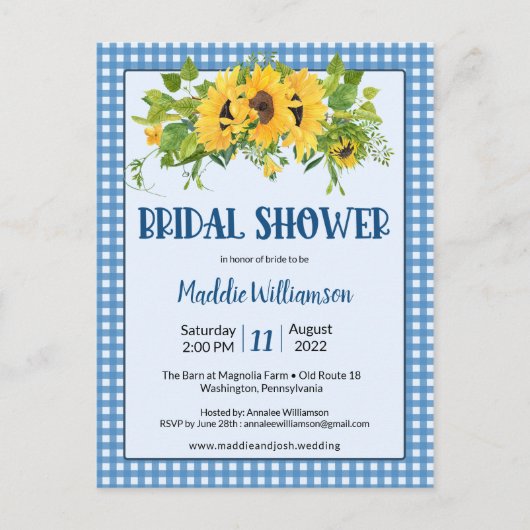 Rustic Gingham Sunflower Bridal Shower Briefkaart (Voorkant)