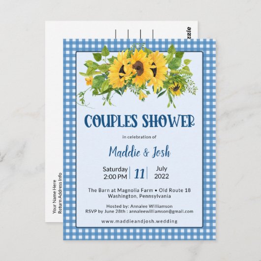 Rustic Gingham Sunflower Couple Shower Invitation Briefkaart (Voorkant / Achterkant)