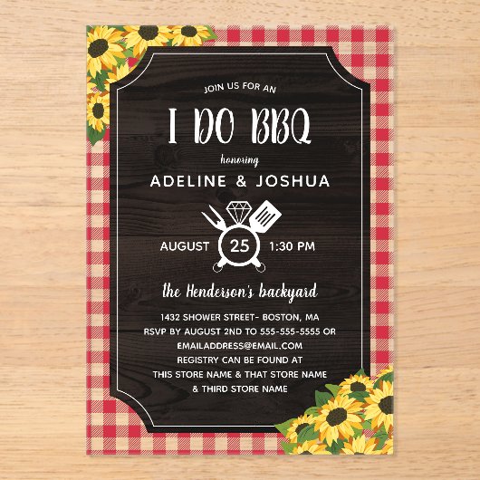 Rustic Gingham Sunflower I Do BBQ Couple's Shower Acryl Uitnodigingen (Voorkant)