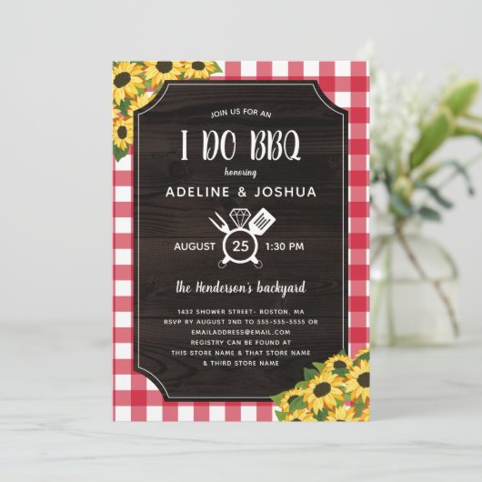 Rustic Gingham Sunflower I Do BBQ Couple's Shower Kaart (Staand voorkant)