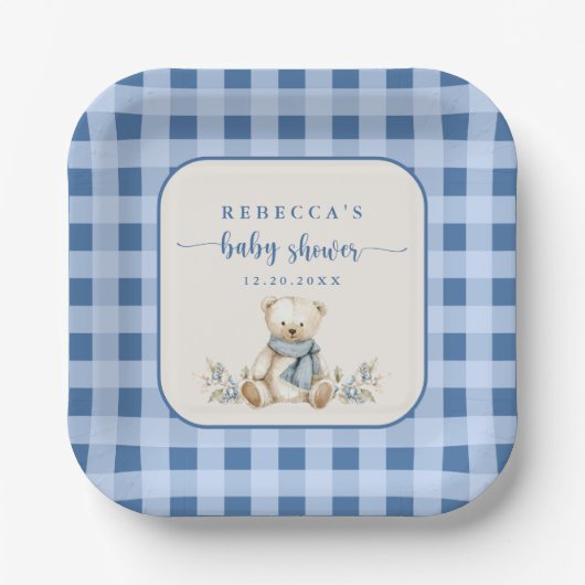 Rustic Gingham Teddy Bear Elegant Baby shower Papieren Bordje (Voorkant)