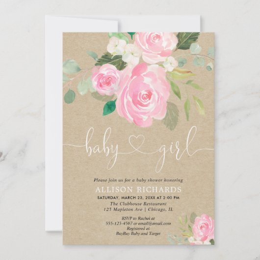 Rustic Girl baby shower floral blush roze kraft Kaart (Voorkant)