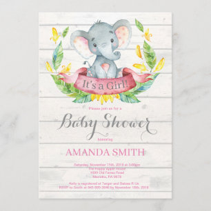 Rustic Girl Elephant Baby shower Invitation Pink Kaart
