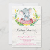 Rustic Girl Elephant Baby shower Invitation Roze Kaart (Voorkant)