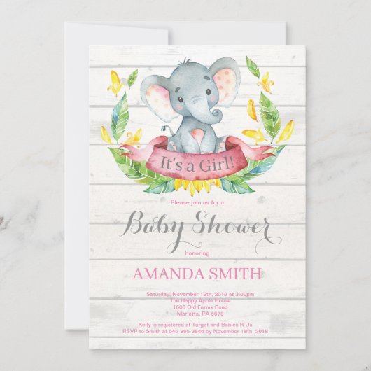 Rustic Girl Elephant Baby shower Invitation Roze Kaart (Voorkant)