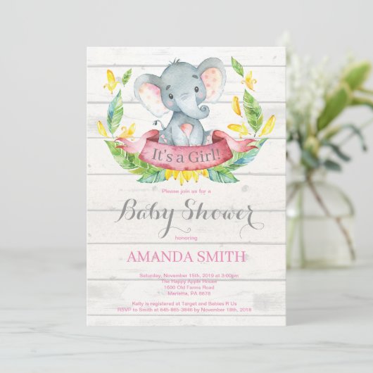 Rustic Girl Elephant Baby shower Invitation Roze Kaart (Staand voorkant)