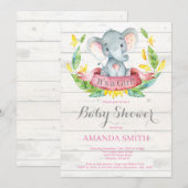 Rustic Girl Elephant Baby shower Invitation Roze Kaart (Voorkant / Achterkant)