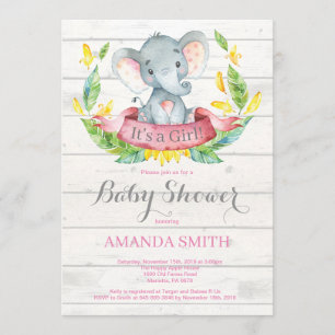 Rustic Girl Elephant Baby shower Invitation Roze Kaart