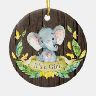 Rustic Girl Elephant Baby shower Yellow Keramisch Ornament
