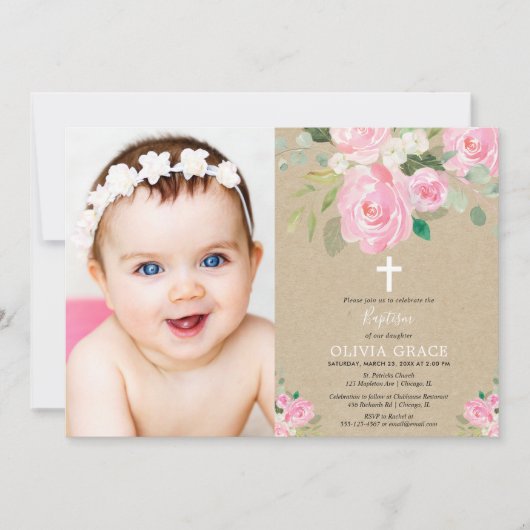 Rustic Girl floral baptism blush roze foto Kaart (Voorkant)