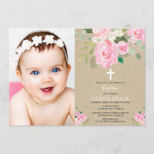 Rustic Girl floral baptism blush roze foto Kaart