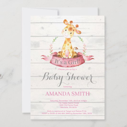 Rustic Girl Giraffe Baby shower Invitation Roze Kaart (Voorkant)
