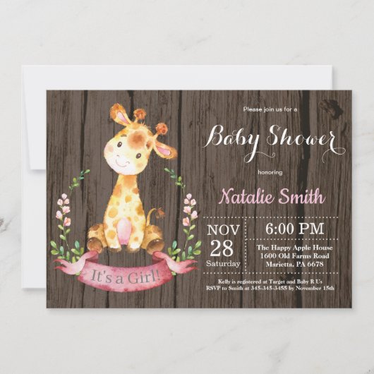 Rustic Girl Giraffe Baby shower Kaart (Voorkant)