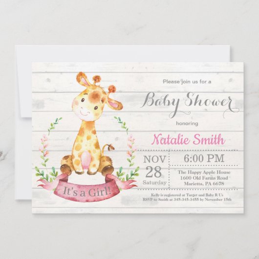 Rustic Girl Giraffe Baby shower Kaart (Voorkant)