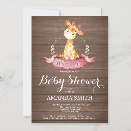 Rustic Girl Giraffe Baby shower Kaart (Voorkant)