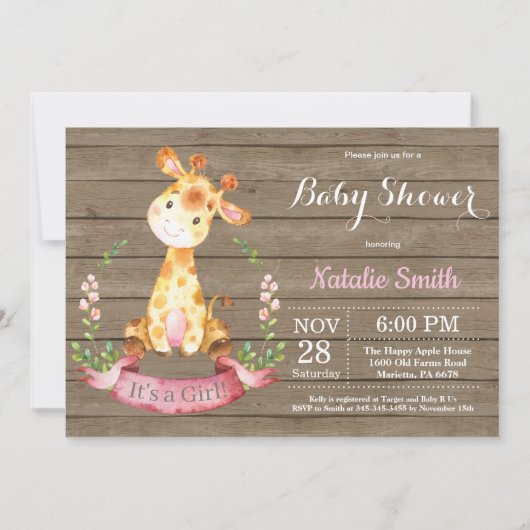 Rustic Girl Giraffe Baby shower Kaart (Voorkant)
